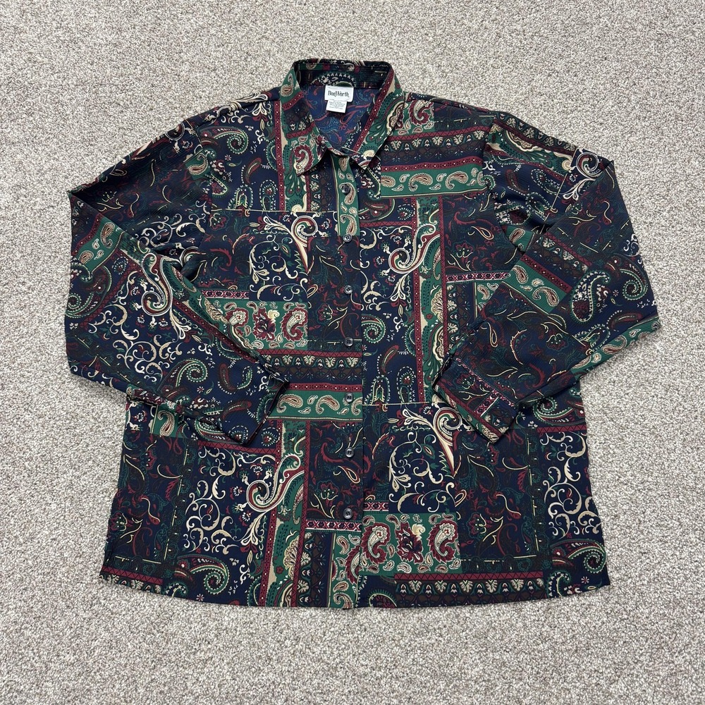 Vintage BonWorth Shirt Womens L Blue Paisley Button Up Long Sleeve Polyester Top